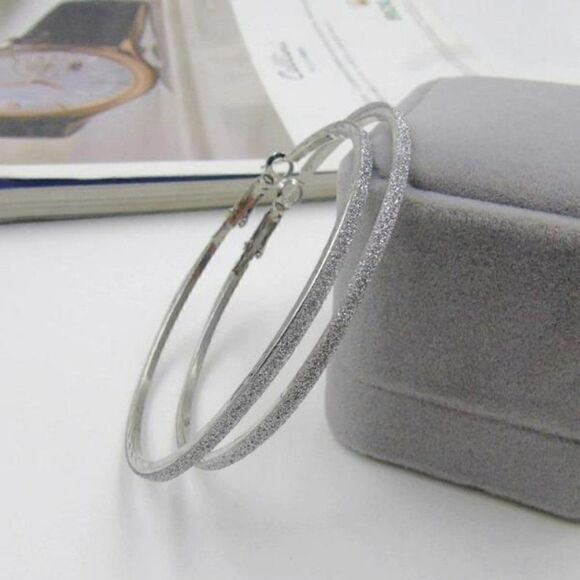 Sparkly Silver Tone Hoop Earrings 2.25" - Picture 3 of 6